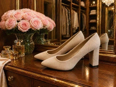Escarpins mariage rose poudré daim – FPC – comme neufs – cérémonie / invitée 💍 - Photo 1/4