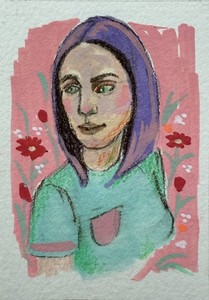 ACEO, Original Painting, Woman with purple hair Portrait 2.5x3.5, Signed