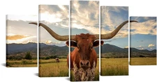 KREATIVE ARTS Large 5 Panel Texas Animal Picture for Living Room Longhorn Steer 