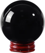 Black Obsidian Sphere with Wooden Stand Divination Fengshui Crystal Ball for Wit