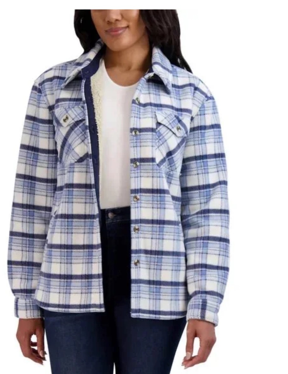 Sage Collective Sherpa Lined Shacket Sz XL Blue Plaid Flannel Jacket Casual Cozy