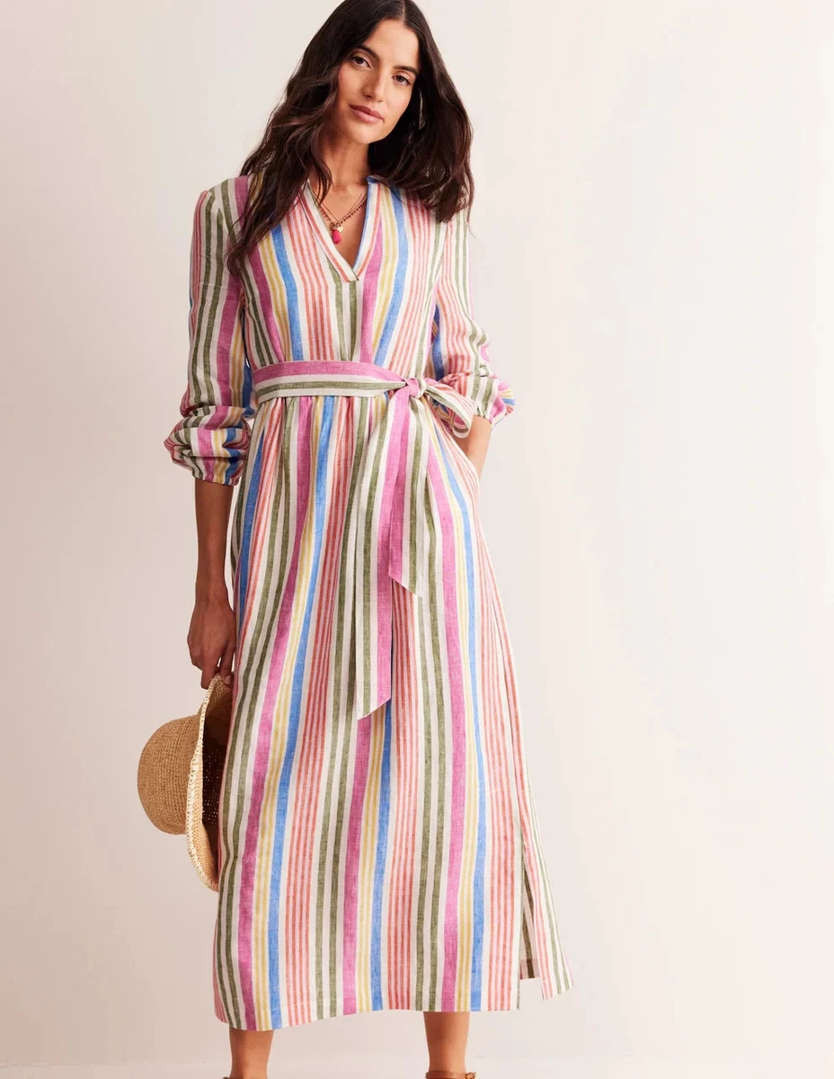 knee length dresses for ladies Irene Linen Midi Dress-Blue Stripe