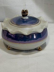 Lusterware Sugar Bowl Trinket Dish Scallop Lid Blue Iridescent Gold Trim ArtDeco