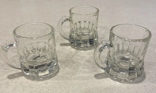 3 Vintage Federal Glass Clear Mini Stein Mug Beer Shot Glasses Barware 1 oz