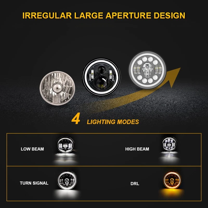 7 Inch Skull Design Halo LED Headlights Combo Kit For Jeep Wrangler Motorcycle - Image 3 of 4