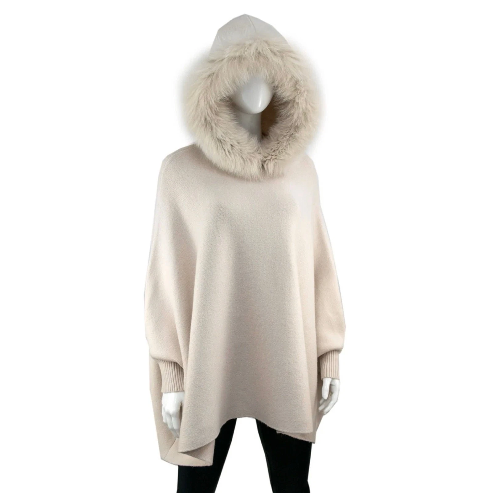 Mitchies Knit Sweater Poncho Fox Fur Hood One Size Pearl Cream $275
Opens in a new window or tab