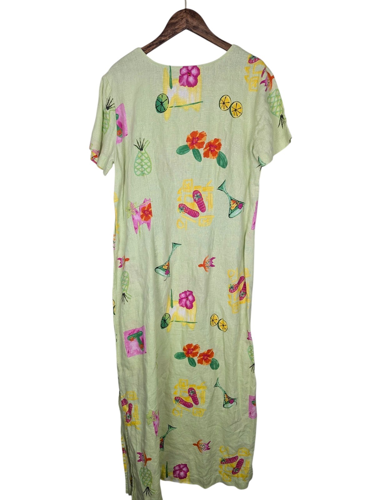 AKS Amy K Su Green Beachy Tropical Print 100% Linen Maxi Dress Size M