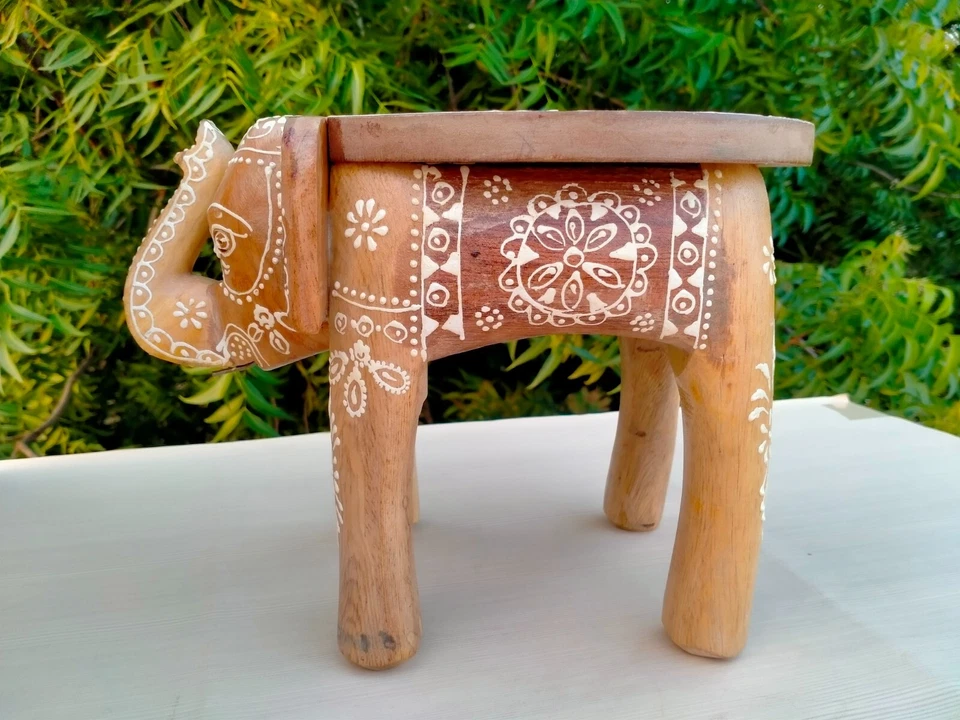 Indian Handmade Wooden Elephant Shape Floor Decor Side Stool, Kids Stool, Gifts - Image 2 of 4