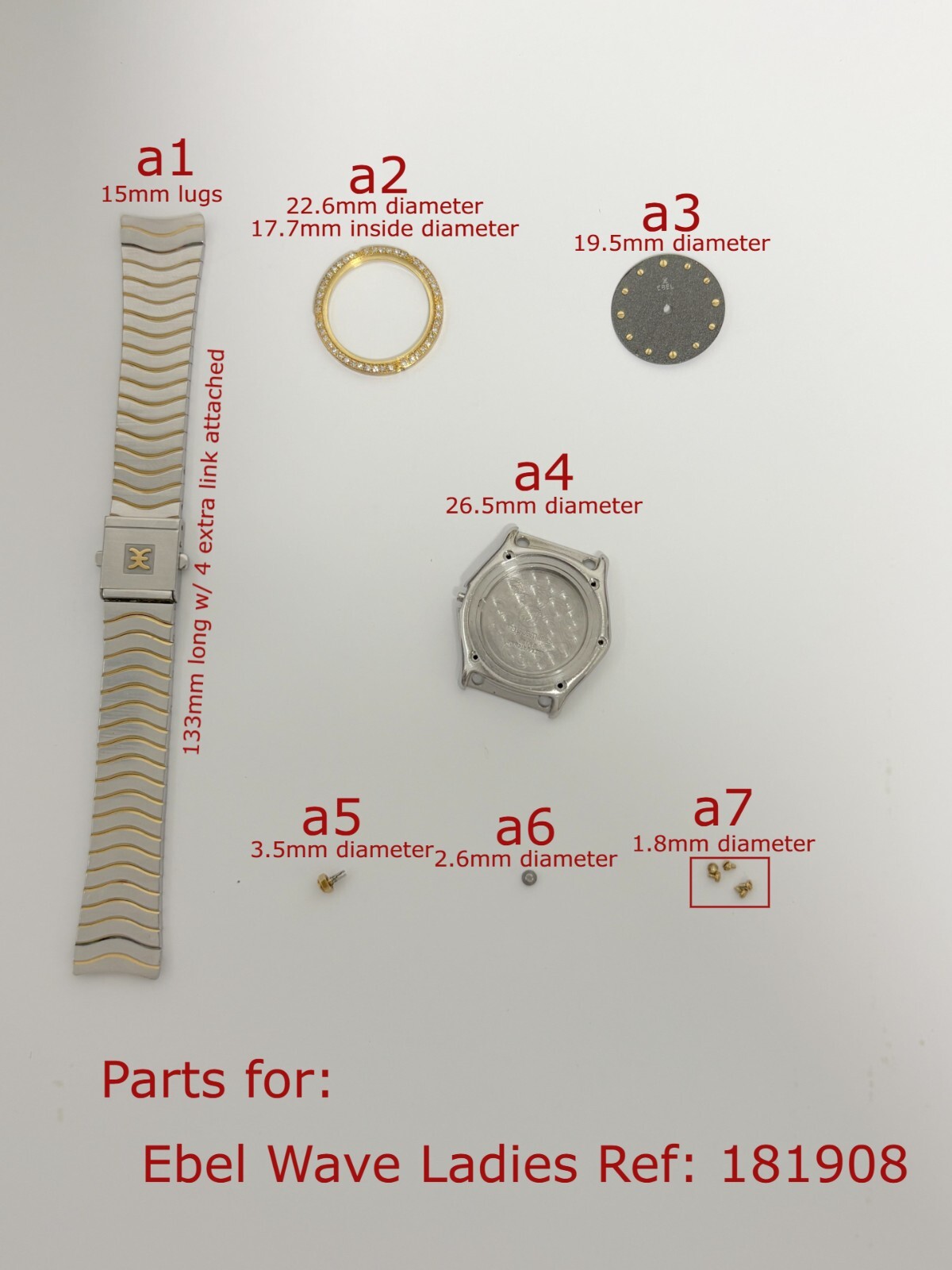 Ebel Wave Ref 181908 18k gold steel watch part case bracelet dial bezel screw