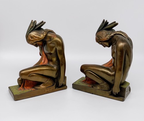 Antique Pompeian bronze Kneeling Native American bookends Paul Herzel Indian art - Picture 4 of 9