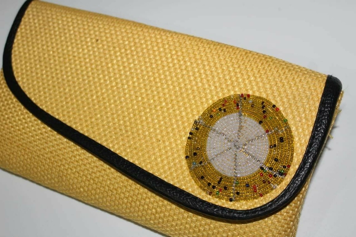 African handmade jute fold over bead Beige clutch Handbag