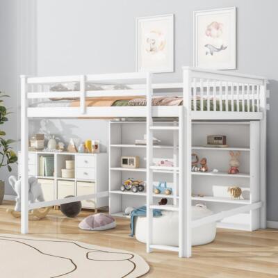 Wood Bed Frame Full Size Loft Bed with 8 Open Storage Shelves & Built-in Ladder