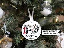 Personalized Deer Antlers Baby's 1st Christmas Ornament| Baby First Christmas