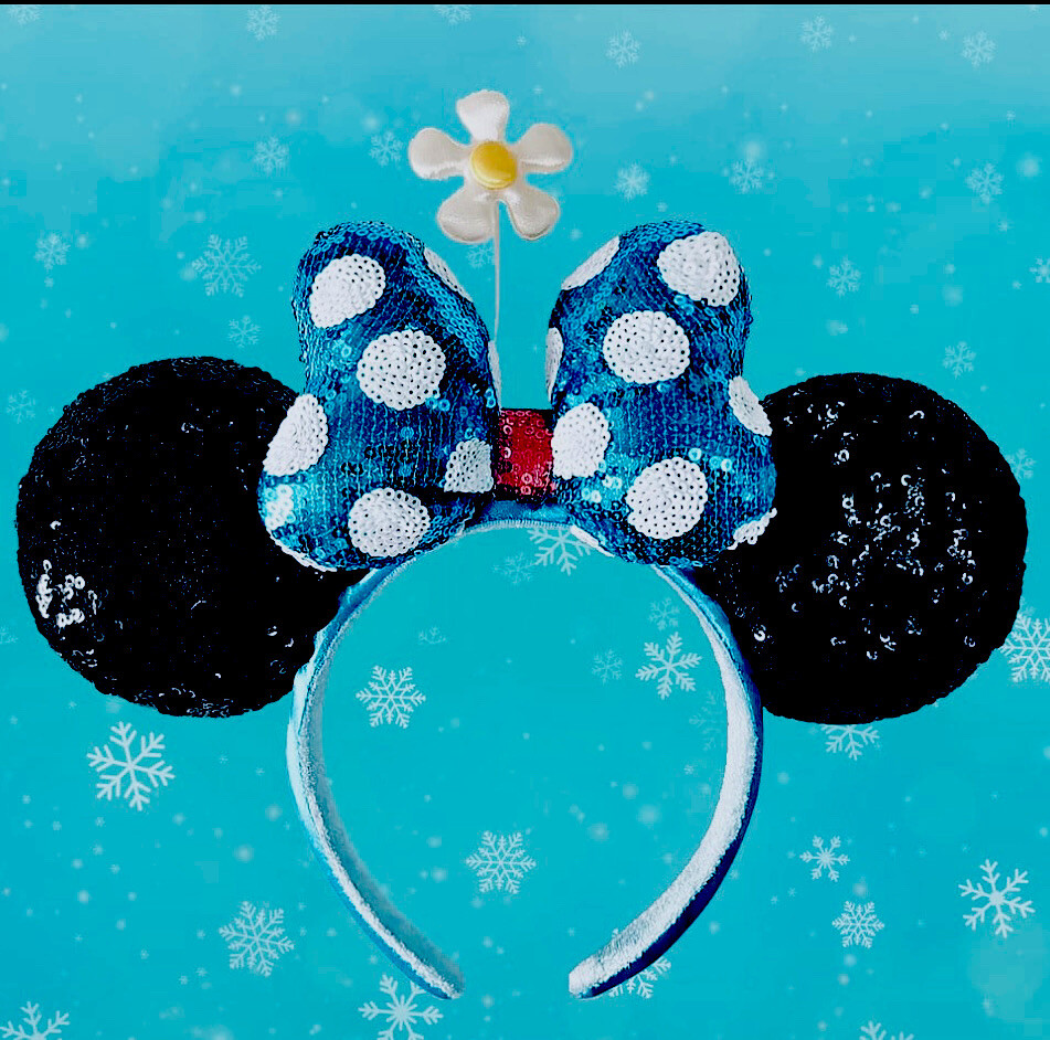 NWT Minnie Mouse Sequence￼ Ears Headband Blue Bow Polka 