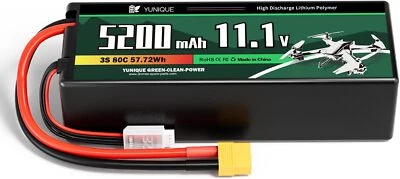 YUNIQUE GREEN-CLEAN-POWER Batteria LiPo 3S 11.1V 5200mAh 80C XT60 connettore per modelli RC e droni