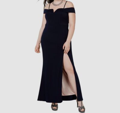 City Studio Womens Plus Off-The-Shoulder V-Neck Evening Dress Navy 16W