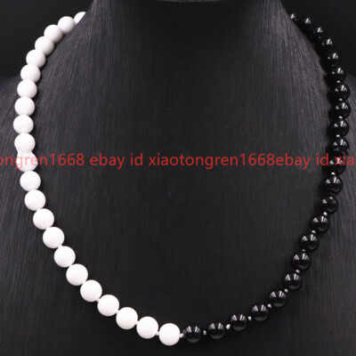 Fashion 6/8/10mm White Jade Black Agate Gemstone Round Beads Necklaces 18'' AA