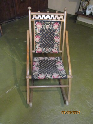 Antique Child/Doll Folding Rocking Chair Wood Needlepoint