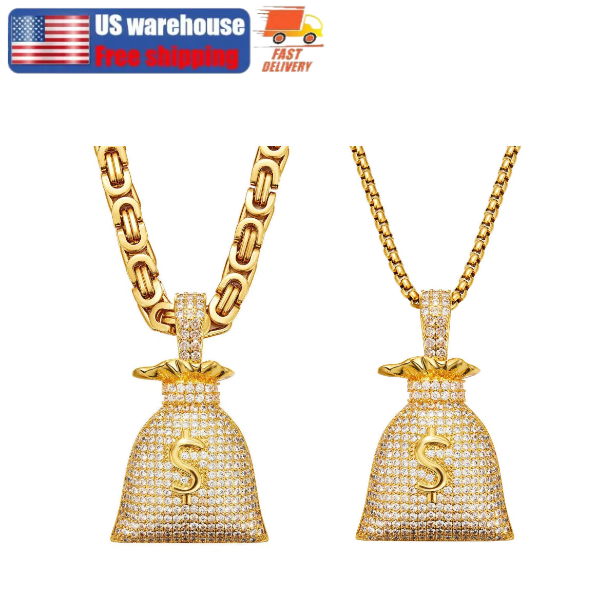 Money Bag Pendant Stainless Steel 14K Plated Plated Necklace for Mens Womens