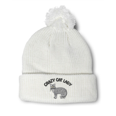 Pom Pom Beanies for Women Crazy Cat Lady Embroidery Cats Acrylic Skull Cap