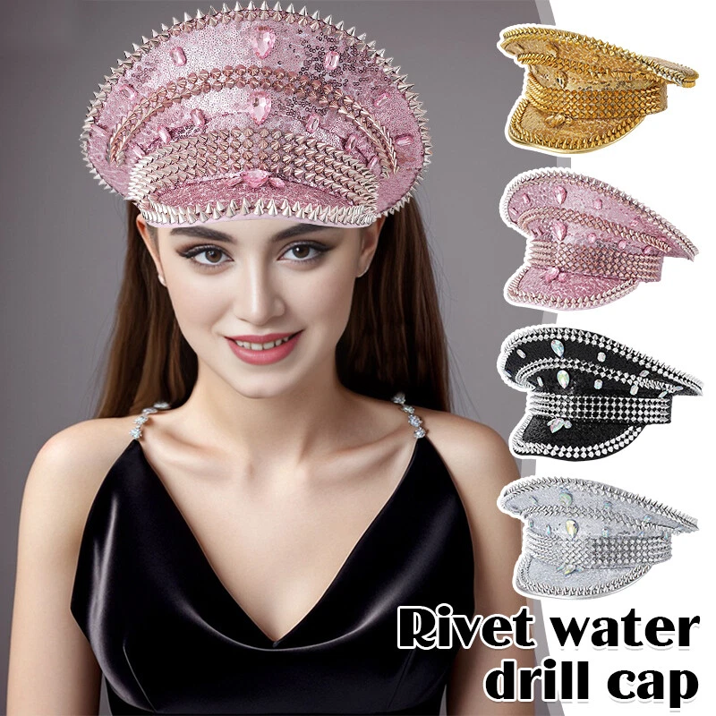 Chapéu capitão feminino boné militar brilhante boné de strass festival música festa chapéu - Imagem 3 de 4