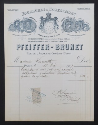 Rechnung PARIS 1907 PFEIFER BRUNET Pelz Fell illustriert Billhead 105