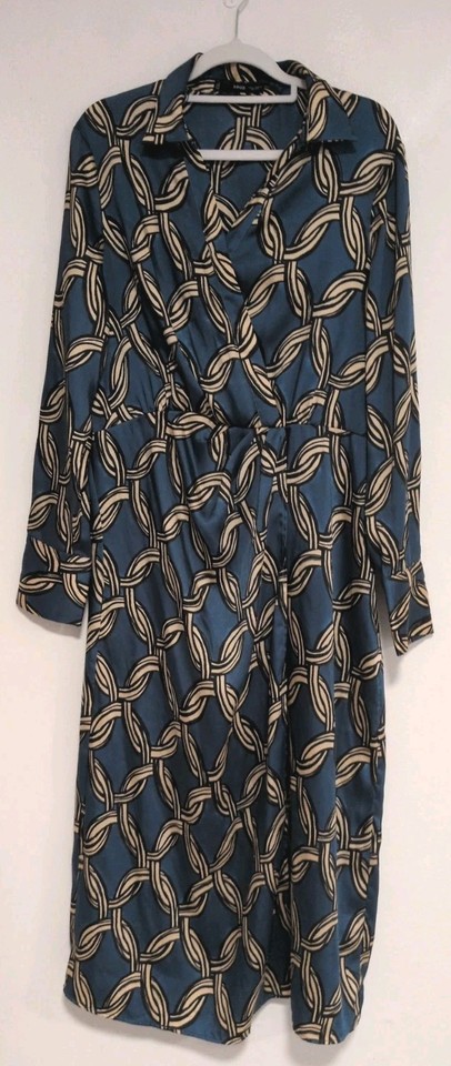 MNG Dress Blue Gold Long Sleeve Satin V Neck Faux Wrap Midi Collar Size XL