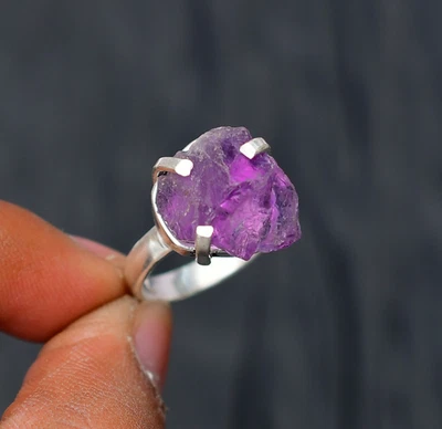 Bague bijou en argent sterling 925 pierre précieuse brute améthyste taille 8 - Photo 1/4
