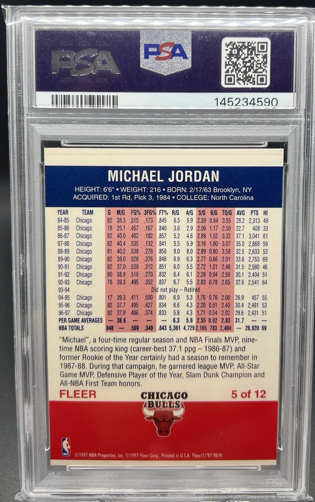 1997-98 Fleer MICHAEL JORDAN Decade Of Excellence #5 Retro 87 Bulls PSA 9 Mint view 2