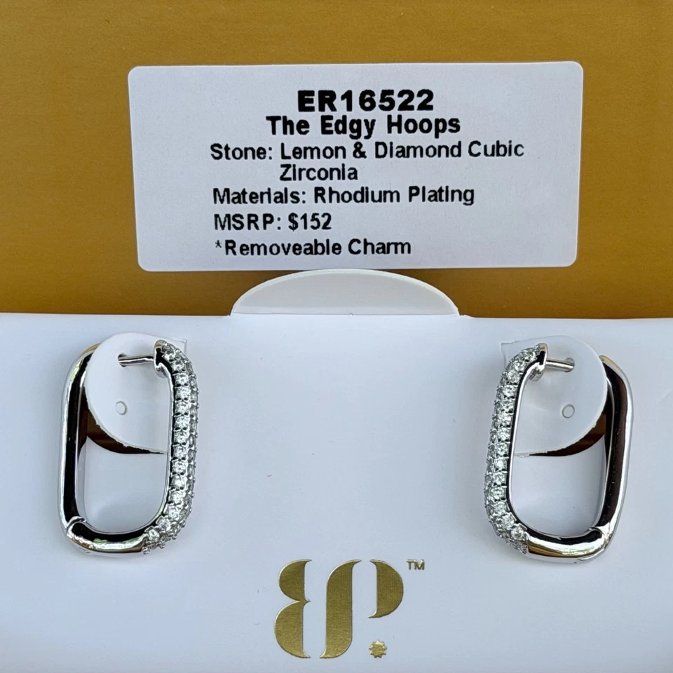 Aros encantadores para fiesta bomba "The Edgy Hoops" limón circonita cúbica sobre rodio ER16522 Foto 3 de 4