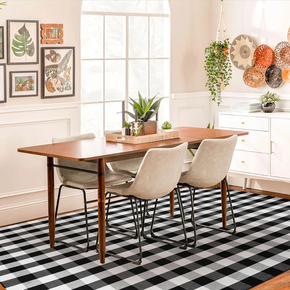 Небольшой ковер Buffalo в клетку 8 x 10 футов черно-белый клетчатый моющийся превосходный... - Изображение 3 из 4