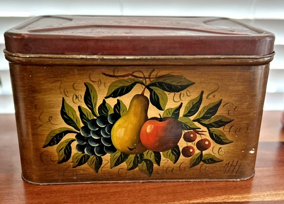 Old Vintage Metal BREAD BOX Cabinet Fruit Lettering Handpainted FARMHOUSE