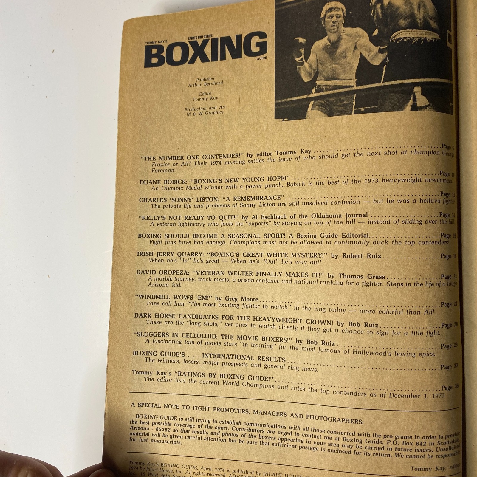 Tommy Kay's Boxing Magazine April 1974 Muhammad Ali, Joe Frazier No Label VG