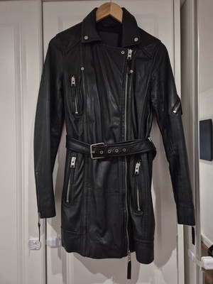 WOMENS ALL SAINTS ASKER LEATHER BIKER TRENCH COAT LONG JACKET BLACK SIZE 10