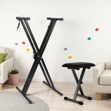 X-Shape Keyboard Stand  Folding Piano Bench Set - Dual-Tube, Black, Adjustable
