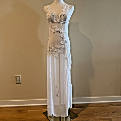 Memaidcore Fairycore Festival Dress Flower Sheer Slip Slit White Long Wedding L