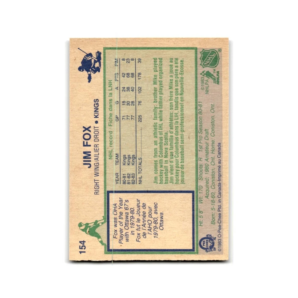 1983 O-Pee-Chee Jim Fox Los Angeles Kings #154 - Image 2 of 3