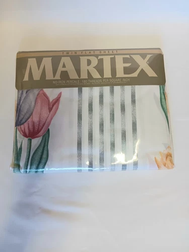Vtg Martex Twin Flat Sheet Erica Flowers Tulips Stripes White Blue Pink New