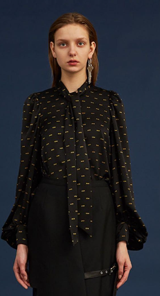 CHRISTIAN DADA Black Love Print Ribbon Button Front Satin Shirt