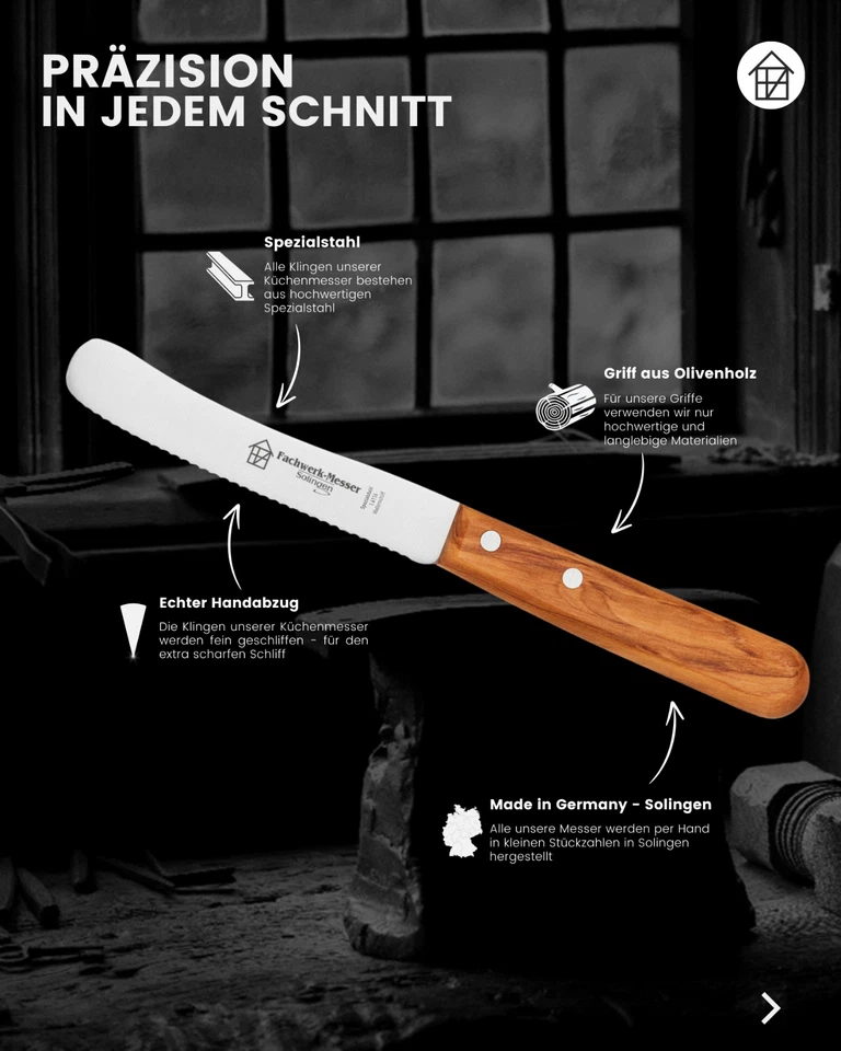 Fachwerk Frühstücksmesser Olivenholz Brötchenmesser Buckelsmesser Solingen - Bild 4 von 4