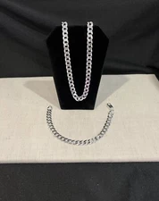 .925 Sterling Silver Mens Women Curb Cuban Chain Necklace 22" & Bracelet 9" SET