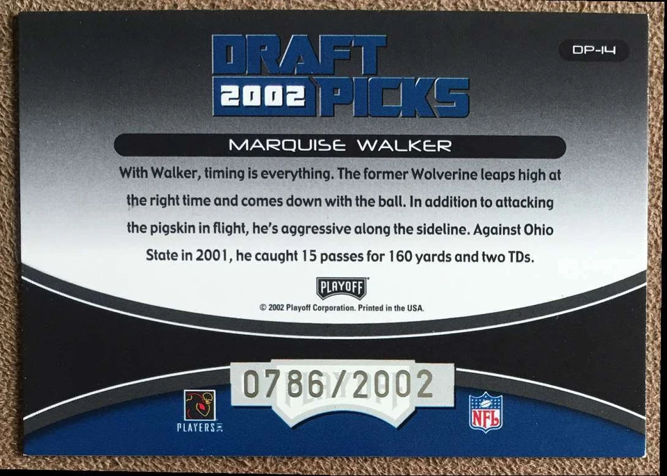 2002 Playoff Prestige Draft Picks Marquise Walker Rookie 0786/2002 Michigan - Image 2 of 2