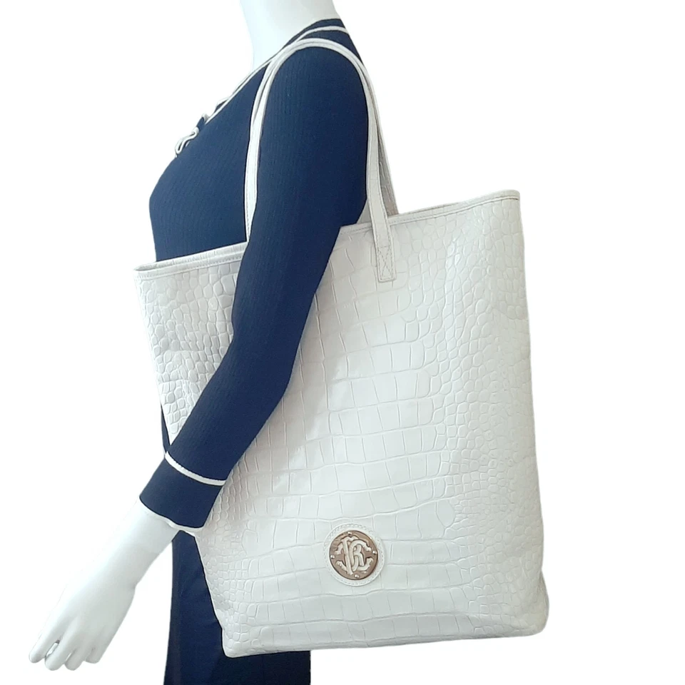 Bolso de Mano ROBERTO CAVALLI Croc Cuero Blanco Repujado Alto Mercado Shopper Foto 3 de 4