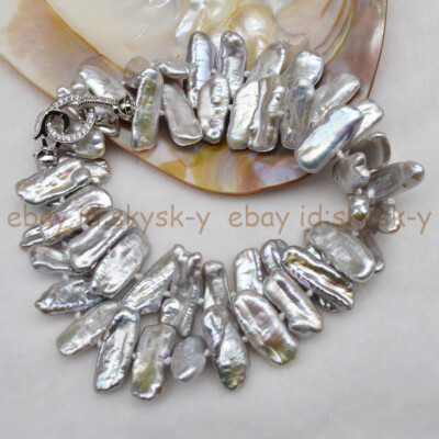 Natural Shape 8x23mm Genuine Silver Freshwater Biwa Pearl Jewelry Necklace 18''