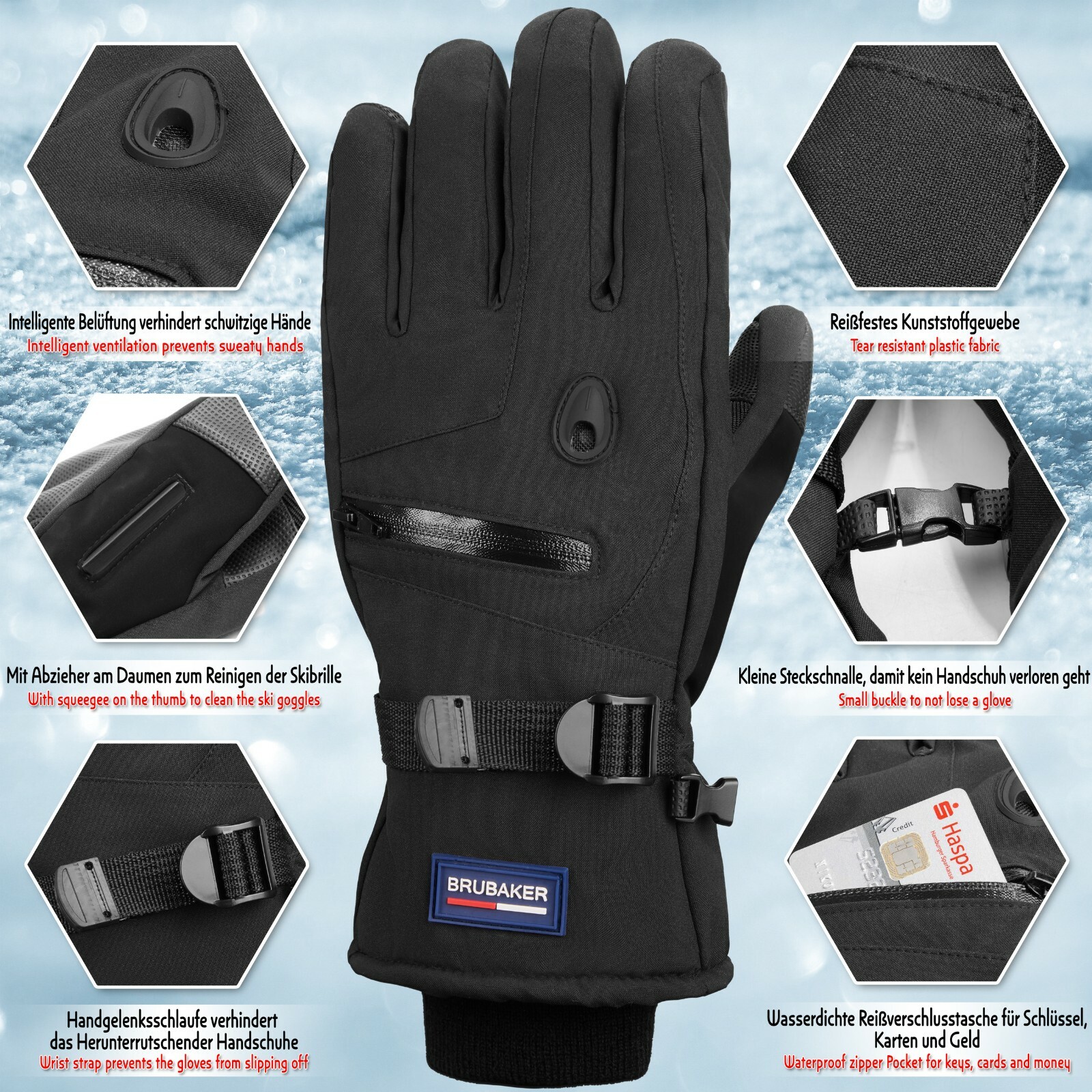 BRUBAKER Winter Thermo Gloves Xtra Warm Black Ski Snowboard Waterproof foto 2