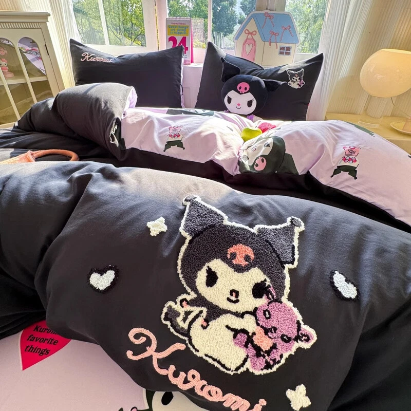 Lindo juego de cama Kuromi Melody Cinnamoroll sábana plana funda nórdica funda de almohada Foto 4 de 4