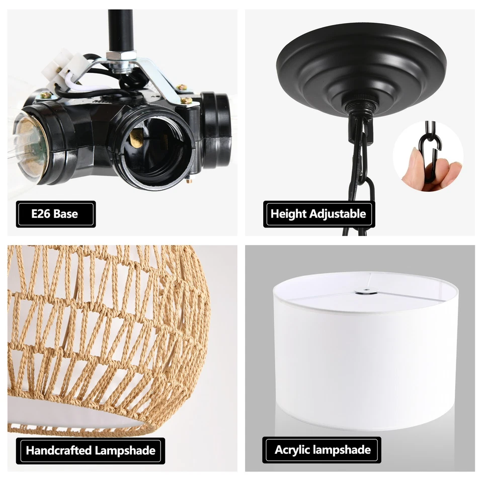 18'' Pendant Woven Rattan Boho 5 Light Chandelier Ceiling Kitchen Island Fixture - Image 4 of 4