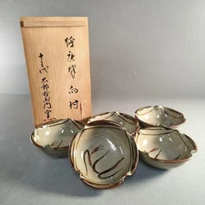 Karatsu Ware E-Karatsu Bowls by Nakazato Kiln Set of 5 with Signed Box