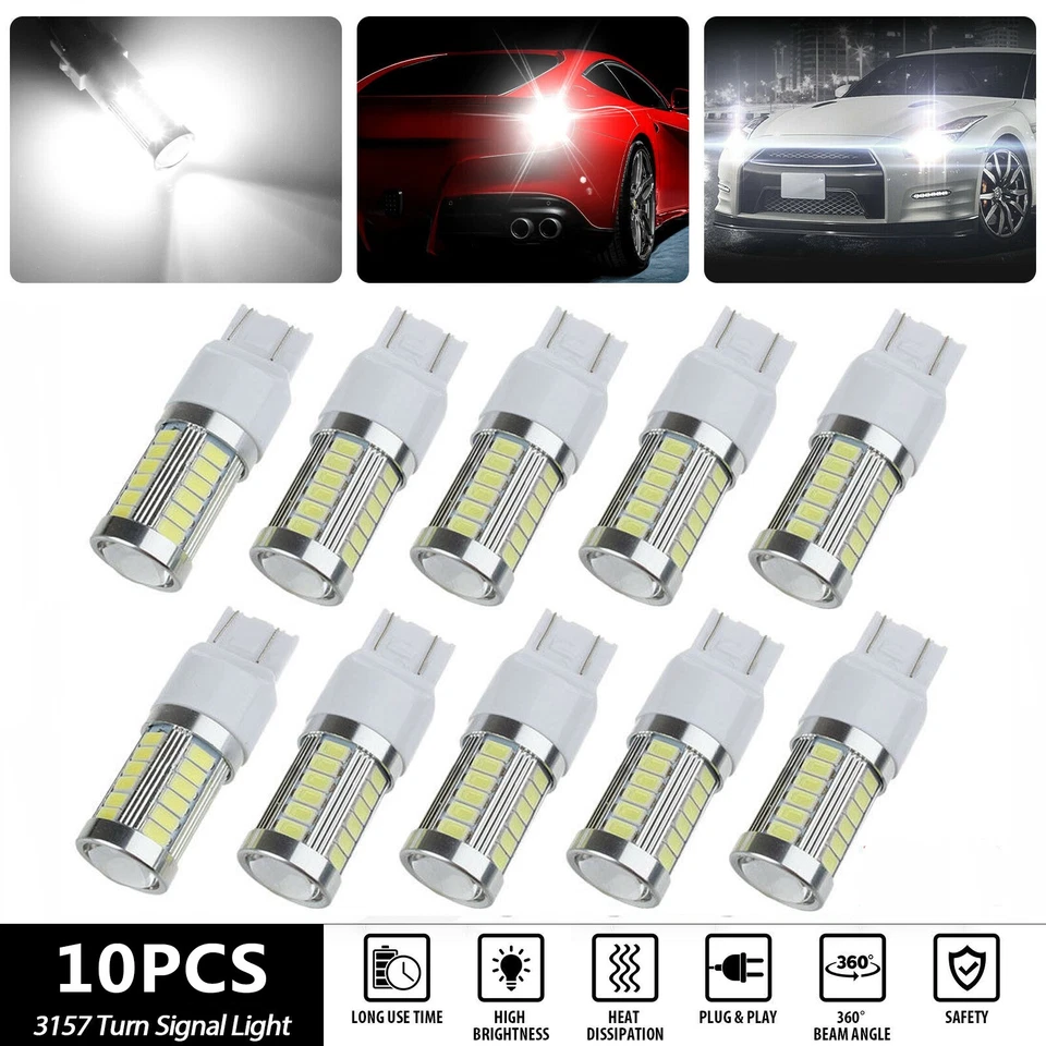 10Pcs White 3157 Car Reverse Light Backup 33-SMD LED Bulb Car Turn Signal Lamp - Image 2 of 4