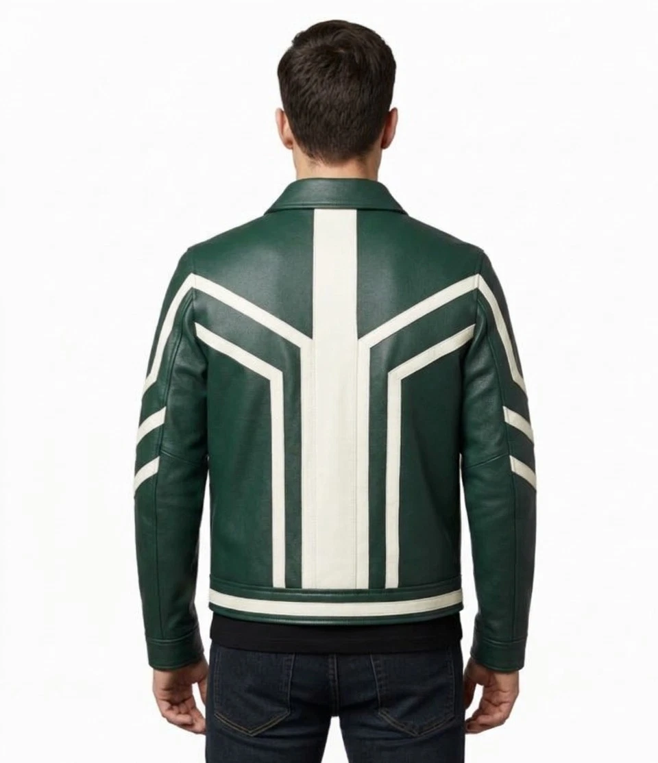 Mens Green Leather Racing Jacket Motorcycle Cafe Racer Vintage Custom Style image 2